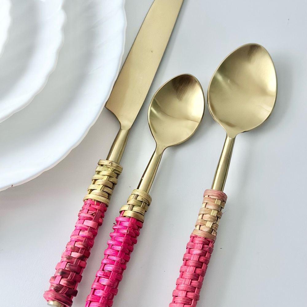 Anthropologie Gold and Pink Woven Flatware Set